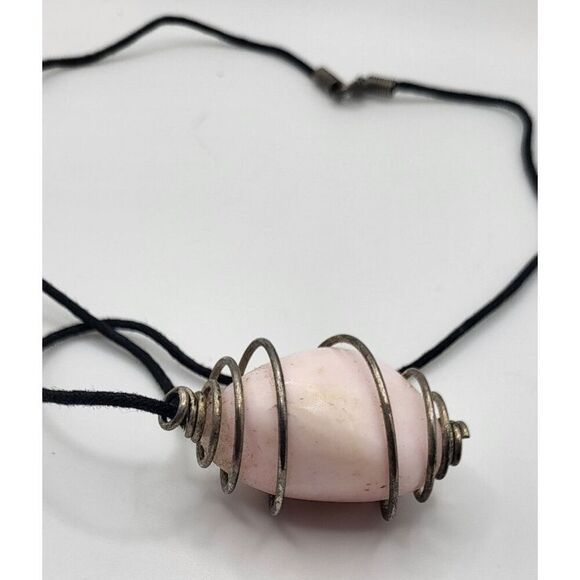Bohemian Chunky Opaque Rose Quartz Wire Wrapped Necklace 20in cord, 1.5in - Picture 3 of 3